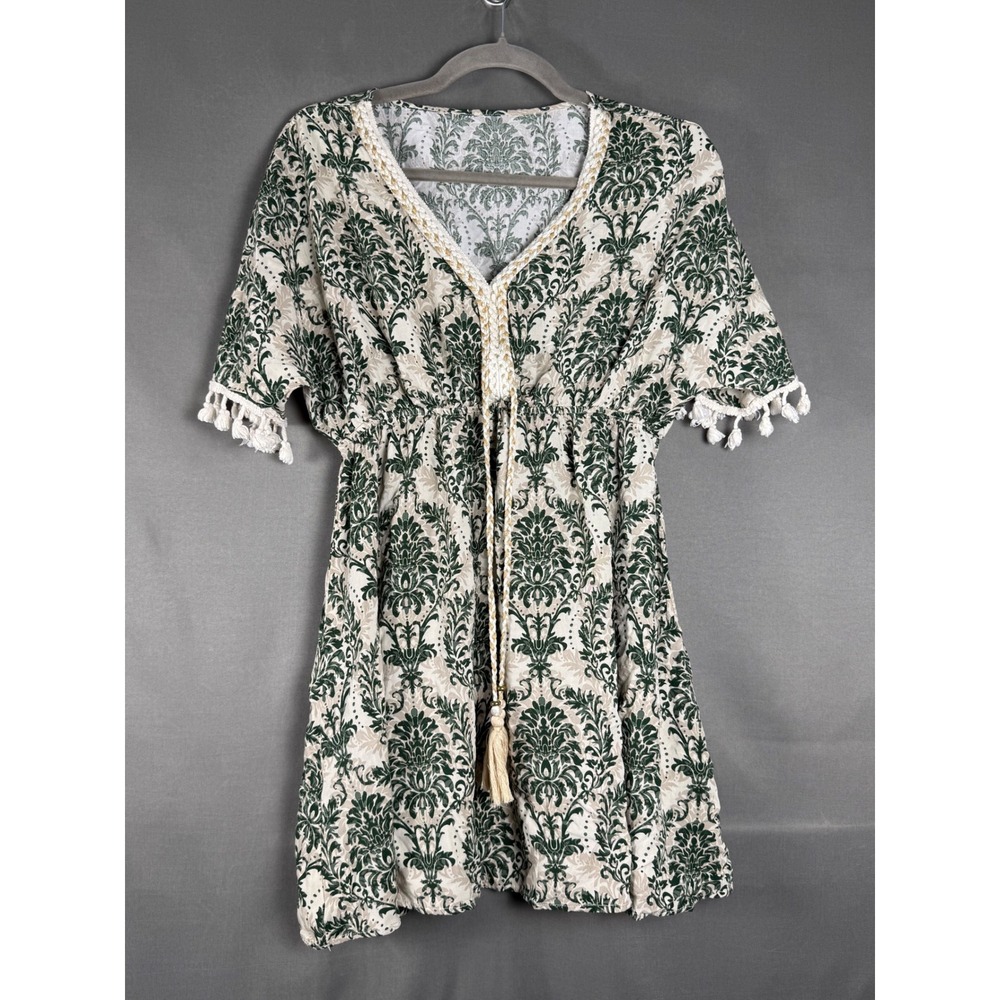 Cupshe Swim Cover Up Women Size M Green Damask Tassel Boho Dress